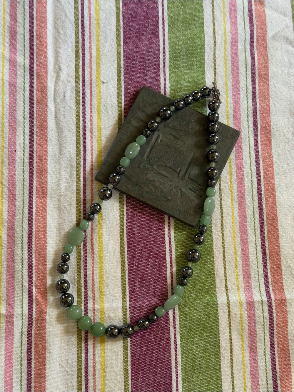 Green Beaded Necklace with Hematite-Style Accents - Women's Jewelry